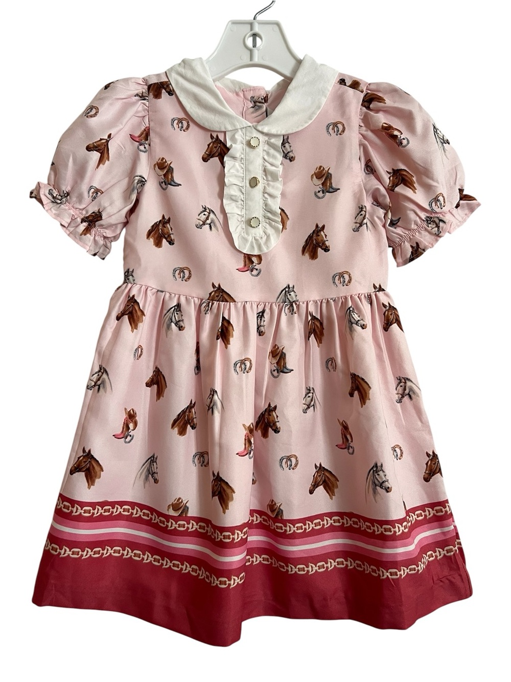 Janie and Jack Pink Horse-Print Dress with White Peter Pan Collar